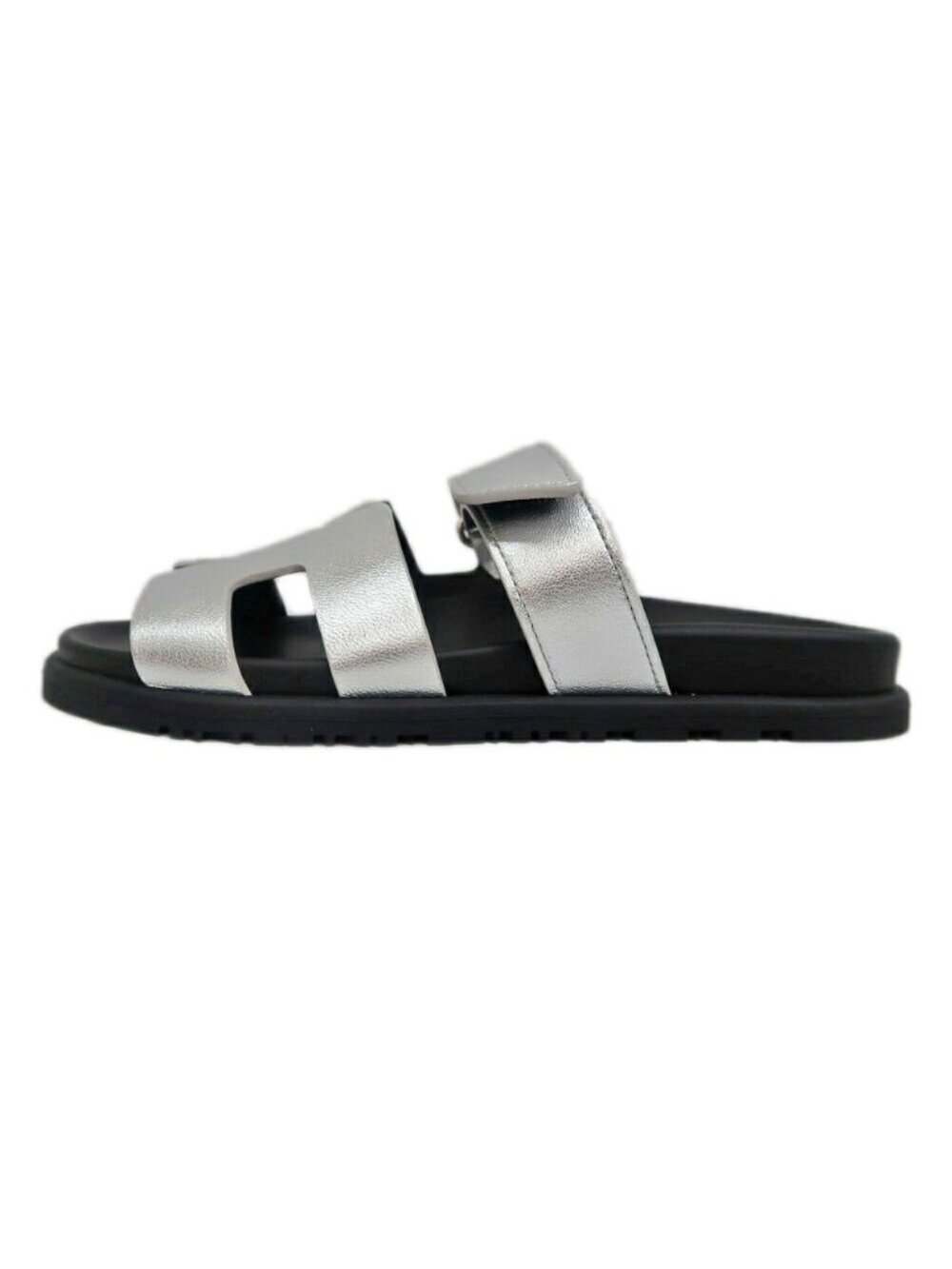 Hermes Chypre Sandals Silver Black Shoes 37.5